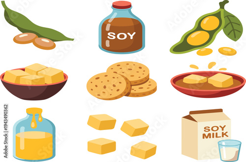 Soy products collection, soybean, soy milk, tofu cubes, soy sauce bottle, soy oil, plant based protein food vector set