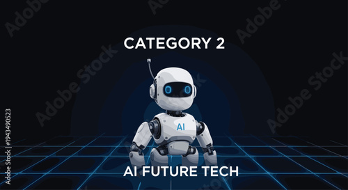 A futuristic robot with ai technology standing on a grid floor with blue lines and a dark background with glowing effect, Generative AI.