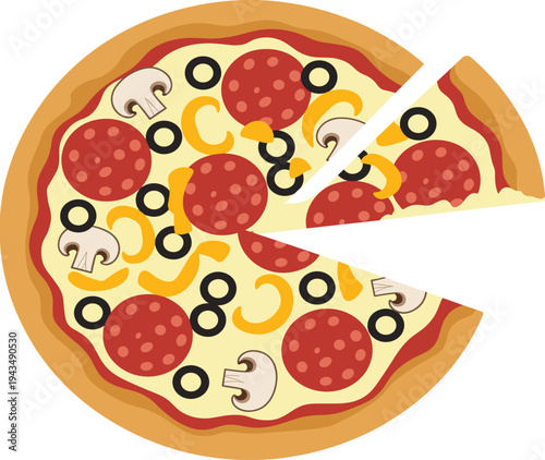 Whole pizza with slice cut, pepperoni pizza illustration, olives mushrooms toppings, italian fast food, cheesy pizza pie, restaurant menu design