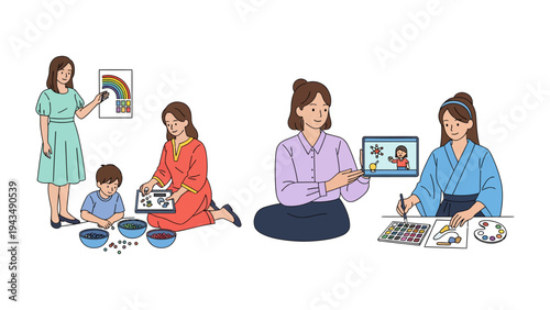 Creative Play and Learning: A charming series of illustrations showcasing diverse children and a variety of interactive educational sessions with their instructors