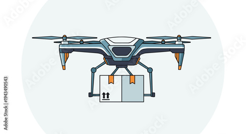 A blue drone carrying a delivery package in the air with propellers and a camera on the front, Generative AI.