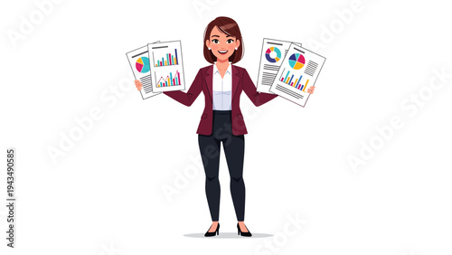 Confident businesswoman with financial documents: A professional woman confidently presents financial documents and reports. Portraying a dynamic professional woman in a business setting.