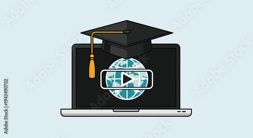 Elearning concept with graduation cap on laptop computer symbolizing online education and video learning, Generative AI.