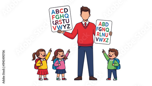Learning Journey: A caring educator guides young learners in the foundational stages of literacy, sparking curiosity and encouraging exploration through playful instruction.