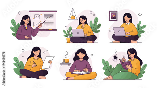 Daily Life of a Freelancer: A compilation of a woman's daily routines, from work to personal reflection, each scene offering a glimpse into her dynamic life.