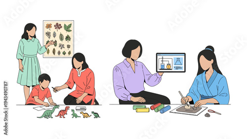 Education and Creative Activities: A glimpse into learning and artistic expression, featuring a series of people engaged in activities. From botanical lessons to science explorations, art projects.