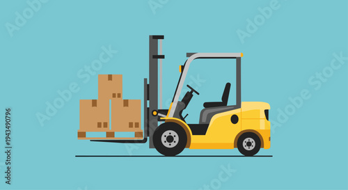 A yellow forklift with cardboard boxes on a blue background used for logistics and transportation in a warehouse setting efficiently, Generative AI.