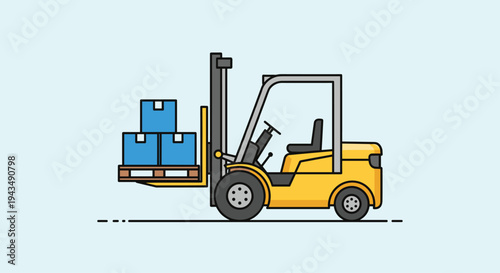 A yellow forklift truck with blue boxes on a pallet light blue background for industrial or transportation concepts, Generative AI.