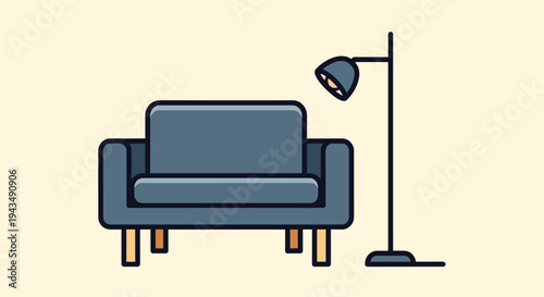A blue armchair and a standing lamp on a beige background in a simple illustration style for interior design or decoration concepts, Generative AI.