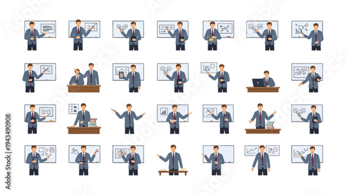 Businessman in a Variety of Poses: A diverse collection of illustrations of a businessman in various poses, from presenting to working at a desk, showcasing versatility in professional life.