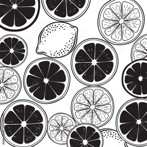 An illustration of various citrus slices and a lemon on a white background.