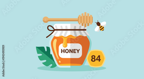 A colorful illustration of a honey jar with a dipper and a bee flying nearby on a light blue background with a leaf, Generative AI.