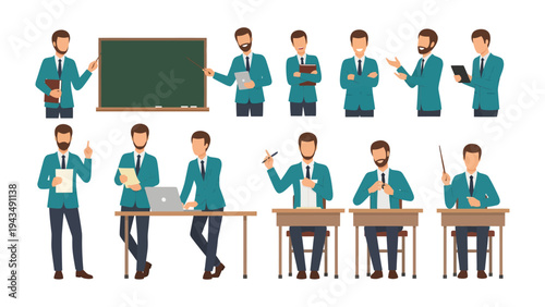 Teacher’s Day: A collection of a teacher in various poses, from leading a lesson to assisting individual students, each exuding expertise and empathy. 