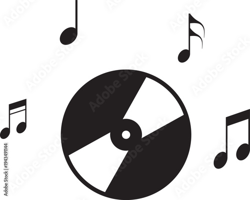 Vinyl Record with Musical Notes on a White Background