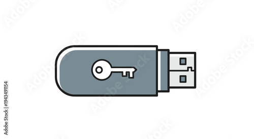 A gray usb flash drive with a key on it symbolizing security and data protection, Generative AI.