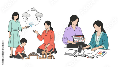 Educational Moments: Two scenes showcase educational interactions. The first depicts a mother explaining the water cycle to a child. The second scene shows a teacher assisting a student with drawing.