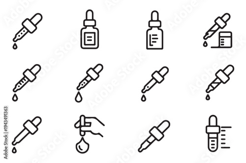 Dropper icons with liquid dispensing and measurement marks, medical and science lab equipment