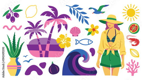 Summer holidays collection with beach girl, tropical plants, and sea elements