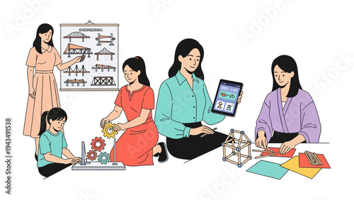 Empowering Minds in Educational Moments:  A teacher guides young students, igniting curiosity and inspiring a love for learning through hands-on activities, teamwork, and innovative digital tools.