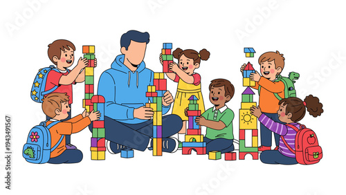 Building Blocks of Imagination: A group of children and a teacher collaborates to build colorful towers with blocks, nurturing creativity and fostering early childhood development.