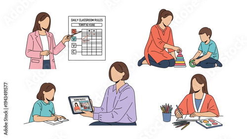 Diverse Daycare Moments: A comprehensive illustration that depicts a variety of engaging activities within a daycare or early childhood education setting.