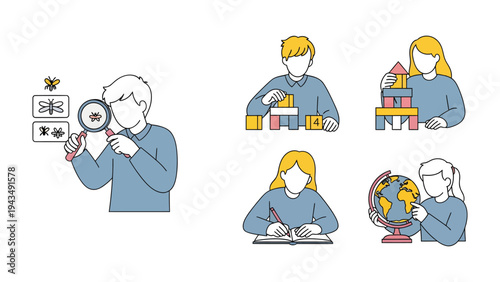 Childhood Learning and Exploration: A group of young children actively involved in learning and exploration activities, sparking curiosity and developing essential skills