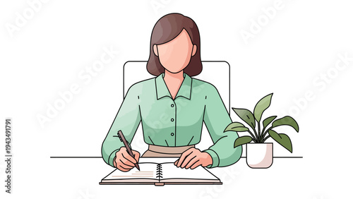 Focused at Work: A diligent professional concentrates deeply on her work, pen in hand, meticulously documenting thoughts and ideas in a notebook at her desk.