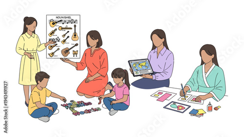 Creative Learning Circle: Illustrative depiction of a learning environment, students are seen actively engaged in varied educational pursuits with guidance.
