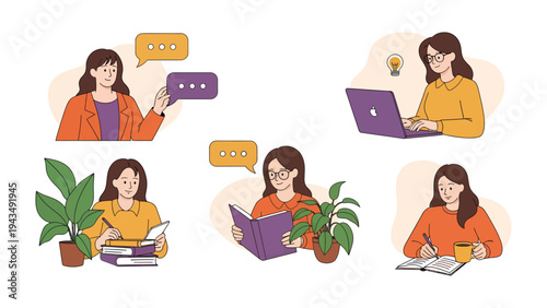 Daily activities of a female: Various images illustrate the daily activities of a woman, encompassing communication, work, reading, learning, and self-expression.