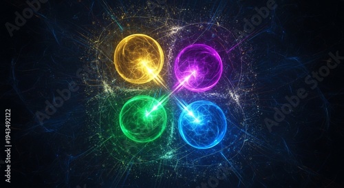 Abstract glowing colorful energy spheres in cosmic space with light beams