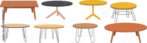 modern coffee tables and round side tables in various wood and metal styles isolated on white background for interior furniture design.