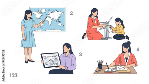 Education and Engagement: Illustrative compilation showcasing diverse educational activities and interactive experiences, highlighting the process of learning and exploration.