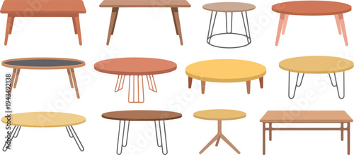 modern coffee tables and round side tables in various wood and metal styles isolated on white background for interior furniture design.
