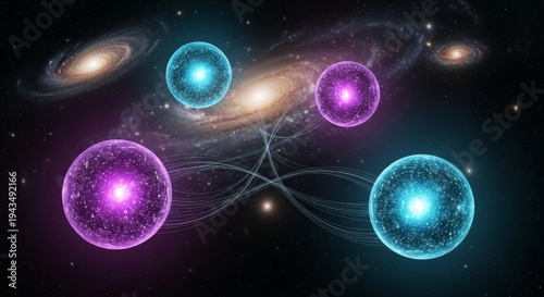 Abstract glowing cosmic spheres connected by energy lines in deep space with spiral galaxies