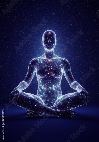 Glowing cosmic female silhouette meditating in lotus pose under starry night sky