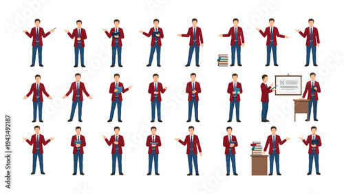 Diverse Presentation Poses: A series of illustrations showcases an individual in a variety of poses, ideal for conveying dynamics in presentations or communication.