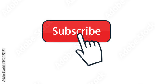 Red subscribe button with a hand cursor clicking on it, Generative AI.