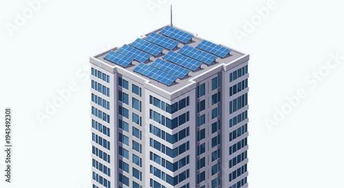 A tall building with solar panels on the roof for renewable energy generation and sustainability in urban areas with a light blue background, Generative AI.