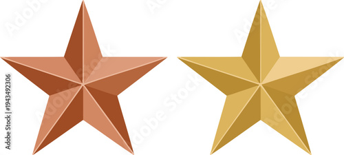 Set of two 3D metallic stars in bronze and gold colors isolated on white background for ranking award rating or success achievements.