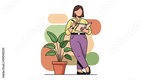 Thoughtful Pause: A woman, pen in hand, pauses thoughtfully as she reviews notes, accompanied by a potted plant, inviting reflection and introspection.