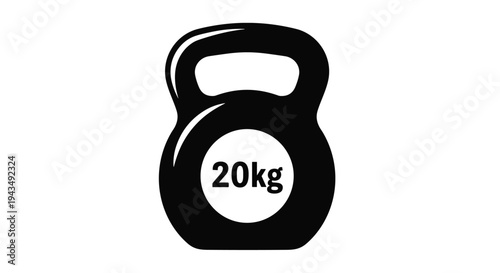 Black kettlebell icon with 20kg weight for fitness and exercise concepts, Generative AI.