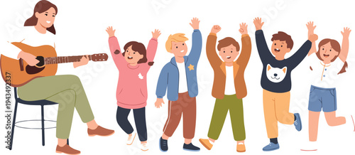 Female teacher playing guitar with group of happy diverse children singing and dancing isolated on white background for music education and school classroom.