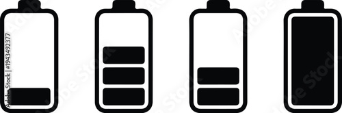 Black battery status icons showing different charge levels from low to full isolated on white background for mobile interface design.