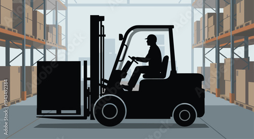 Silhouette of a warehouse worker operating a forklift in a warehouse with shelves of boxes, Generative AI.