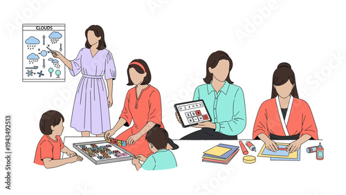 Educator at Work: A group of educators engages children in interactive learning, with one pointing to a weather chart and others assisting children with various learning activities.