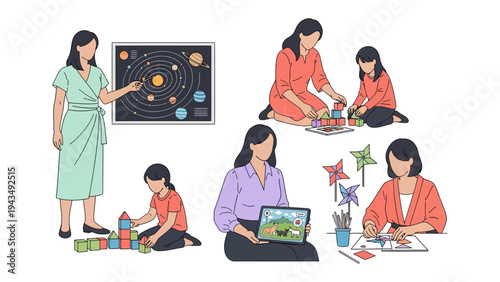 Education & Exploration: A collection of educational scenes showcasing a tutor and child engaging in diverse activities, from studying the solar system to crafting and playing with building blocks. 