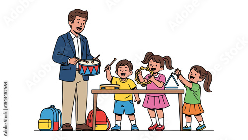 Musical Symphony of Youth: A dedicated teacher leads a group of enthusiastic children in a joyful musical ensemble.