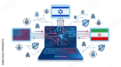 Cyber War Concept Vector – USA Israel Iran Digital Conflict Illustration