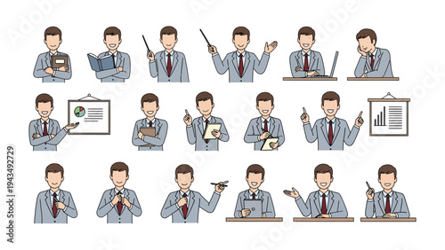 Business Professional in Action: A series of images showcasing a professional individual in various work-related actions. The illustrations capture a range of poses and interactions.