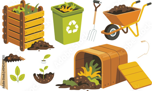 Collection of organic composting garden tools including compost bin wheelbarrow pitchfork soil bags and recycling containers for sustainable gardening.